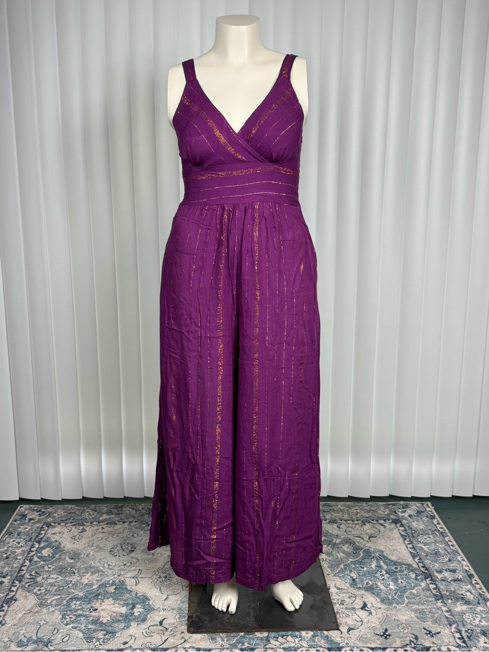 White Waves Purple Boho Wide Leg Jumpsuit Metallic Stripe S/M NWT - Picture 2 of 11